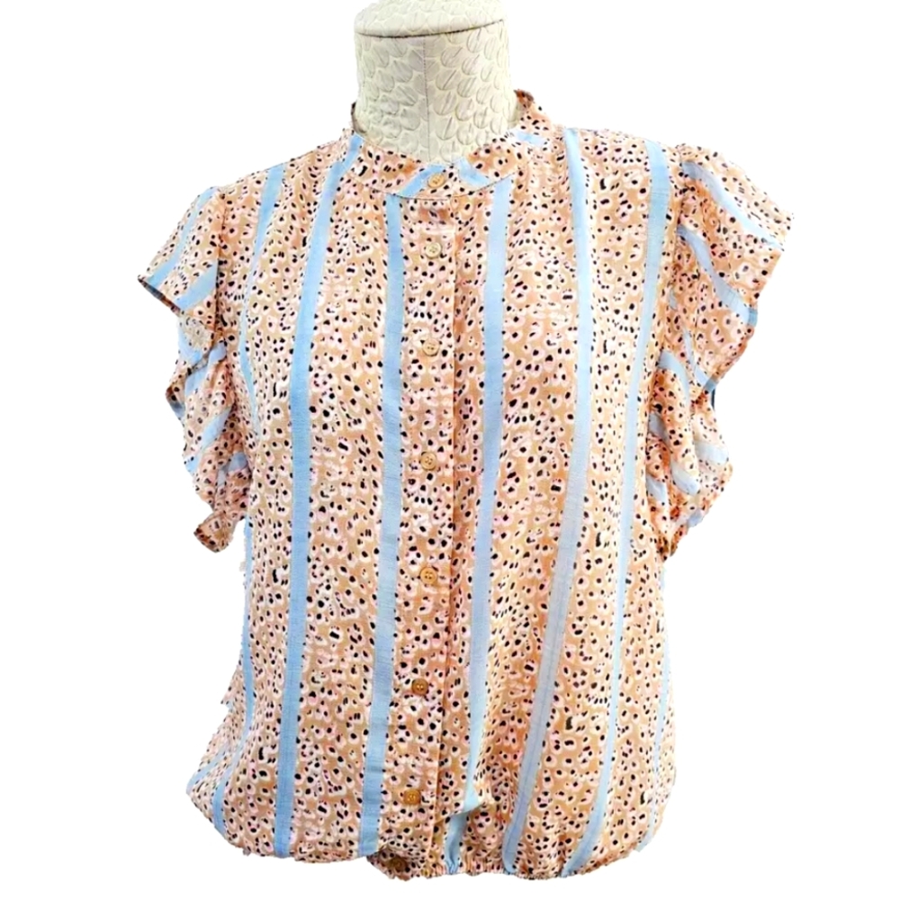 THE SHIRT Rochelle Beherns Flutter Sleeve Button Blouse Top‎ Women's M Sheer